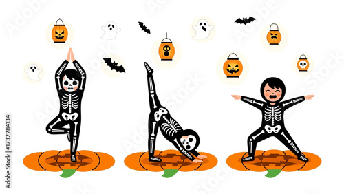 Halloween Yoga: Spooky silhouettes practice yoga on a pumpkin, celebrating the spirit of Halloween with joyful poses and playful creativity. 