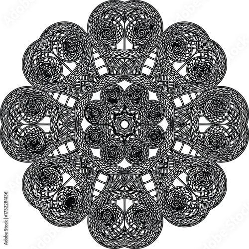 Abstract interlaced spiral mandala vector, Japanese Aomori lacquer inspired symbolism of strength and continuity, decorative circular background for invitation and brochure