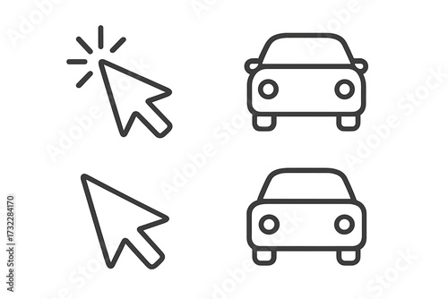 Car and click cursor pointer icon pack. Concept for online car buying, rent, sharing, sale, or automotive service. Minimal vector line icons for website, app, and button.