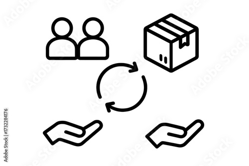 Parcel exchange vector icon. C2C delivery service. Peer to peer shipping logistics. Customer product return process. Person to person box transfer. Receive give hand symbol.
