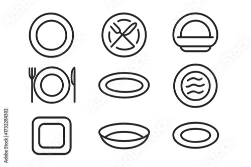 Plate line icon set for web, app, banner and card design. Minimalist linear dishes, plates, cutlery, round and square pictograms, cartoon illustration, restaurant, dining and kitchen concepts.
