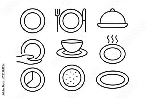 Minimalistic plate line icon set for web, app, banner design. Cartoon vector food dish pictogram collection with fork, hand, cup, serving tray, steaming plate, meal time, snack illustration.