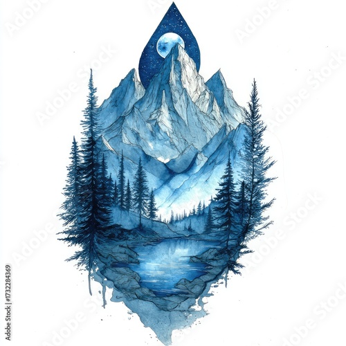Mountain scene in blue watercolor, with trees, water, and a moon