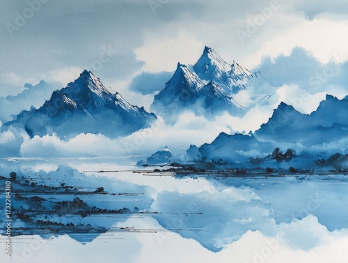 Azure mountain peaks rise above ethereal mist, reflecting in tranquil waters. Serene, watercolor landscape