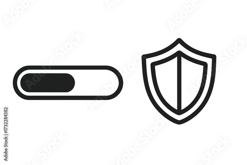 Progress bar loading shield icon for secure interface, system protection, safety guarantee, cybersecurity, privacy approval, user authentication, app UI elements, vector illustration set