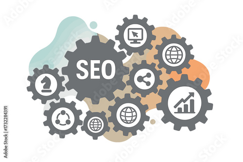 SEO mechanism strategy concept with abstract background, integrated gears, digital marketing icons, internet connectivity, analytics, network, social media, and global online business optimization