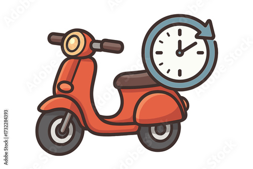 Time management delivery scooter icon. Express courier, fast service, on-demand transport. Modern vector cartoon illustration for web, app, e-commerce, books, cards, maps. Urban mobility concept.