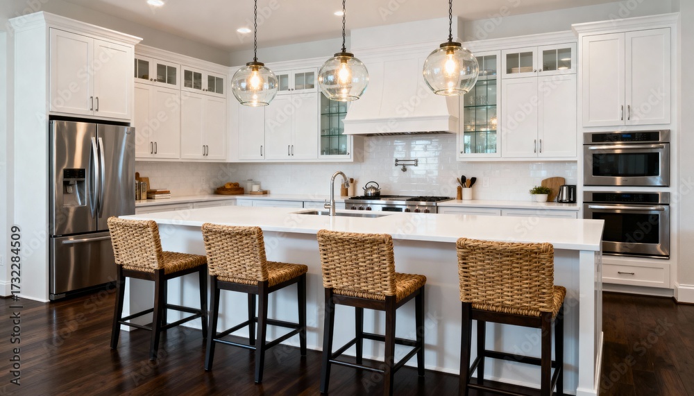 Fototapeta premium Modern open kitchen and living area with natural light and minimalist design