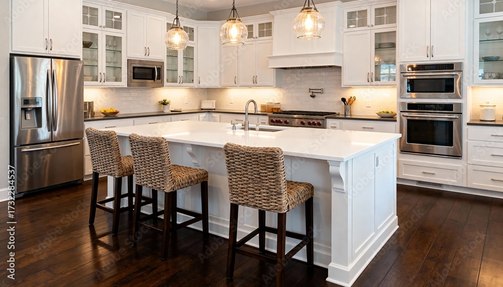 Fototapeta premium Modern open kitchen and living area with natural light and minimalist design