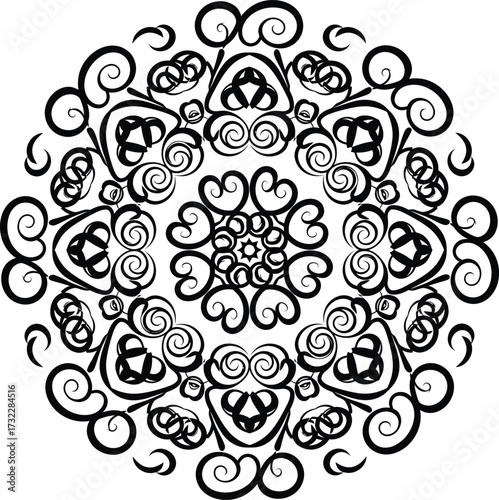 Abstract swirling mandala ornament vector, Japanese Aomori heritage inspired spiral heart symmetry representing energy flow and emotional balance, decorative design for surface print