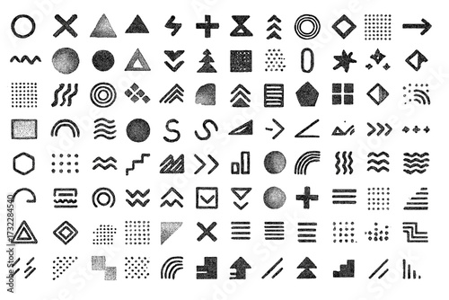 Geometric shapes vector collection. Memphis retro style icons, abstract elements for web design, advertisement, commercial poster, sale flyer, banner, vintage leaflet, billboard, crafty pattern.