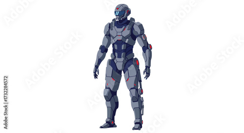 Futuristic Armored Soldier Standing Tall in Full Battle Suit.