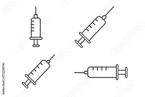 Medical syringe line icons set. Minimalist healthcare equipment outline design. Injection, vaccination, hospital, doctor, nurse, medicine supply, virus protection. Editable stroke vector illustration.