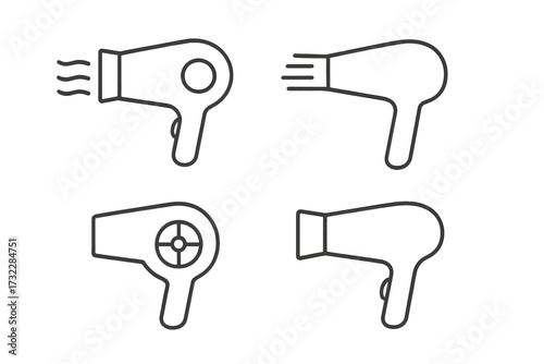 Hair dryer line icon set. Minimalistic linear hairdryer pictogram collection for web design, apps, banners, social media graphics, beauty salon, hair care concept, vector illustration, editable