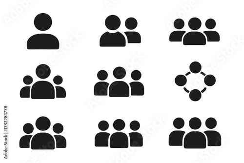 Black people icons vector set, teamwork and group silhouette collection, business user profile, office staff, collaboration symbol, community, leadership, social network concept, unity illustration