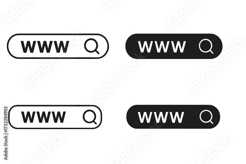 Set of www search bar icons vector illustration. Isolated on white background. Website search interface elements. Internet search bar symbol. Minimal www search icons for app, UI, logo, web design.