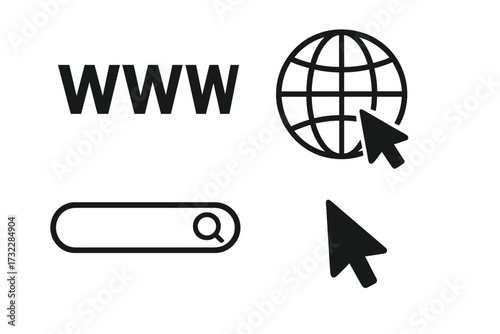 Internet browser icons collection. Globe with cursor symbol, www letters, search bar, mouse pointer. Web navigation, website, online technology, search engine interface, isolated vector illustration.