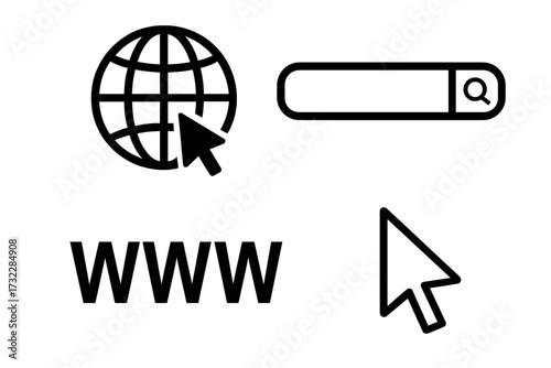 Abstract internet web icons set. Globe symbol with cursor pointer, search bar, WWW letters, mouse arrow pointer. Digital browsing, website, online search concepts. Black vector illustration isolated.