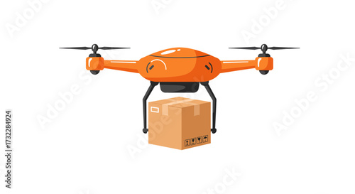 Orange Delivery Drone Carrying a Cardboard Package.