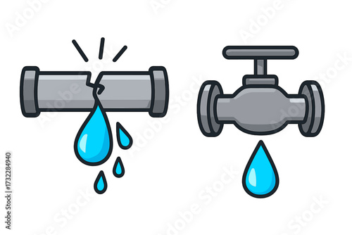 Broken water pipe and leaking valve vector icon set. Cartoon plumbing leak, damaged pipe, dripping tap, water drop, repair, maintenance, emergency, water loss, infrastructure, plumbing illustration.