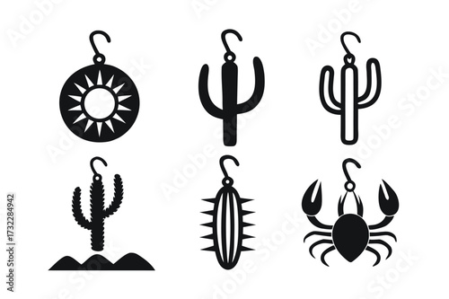 earring, jewelry, desert, icon, set, glyph, cactus, animal, summer, fashion, accessory, ethnic, tribal, mexican, western, wild, fun, quirky, lifestyle