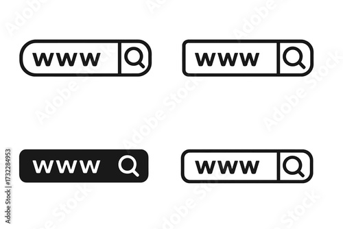 Set of www search bar icons vector illustration. Modern web address bar with magnifying glass symbol for website, app, UI, logo. Internet browser concept, search field design, www, technology.