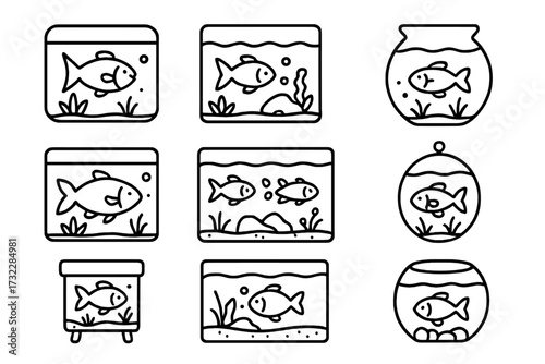 Linear aquarium fish tank icons collection. Minimalist black outline cartoon style. Fishbowl, rectangular, round aquariums, underwater plants, pebbles. Vector graphic for web, apps, education, decor