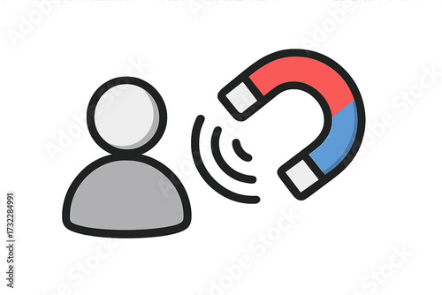 User Attraction Magnet Icon. Vector illustration of magnetic user engagement, customer acquisition, audience retention, social media influence, digital marketing concept with bold design elements.