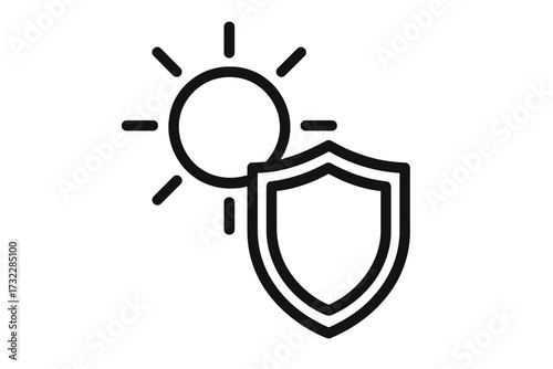 Sun protection linear icon. Sun and shield outline vector symbol. UV safety, ultraviolet rays block, skincare, SPF defense, summer health concept. Minimalist design for web, cards, articles.
