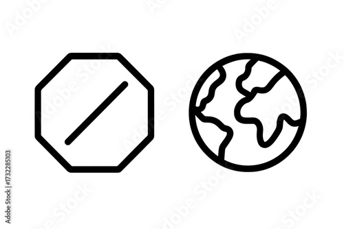 Stop sign next to Earth globe outline minimalistic icon. Internet restriction, global access denied, web censorship. Simple vector symbol for digital app, banner, social network, graphic design.
