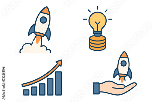 Startup business concept vector illustration. Rocket launch, idea, innovation strategy symbols. Successful business project start up, entrepreneurship, tech boost, growth, investment, creative design.