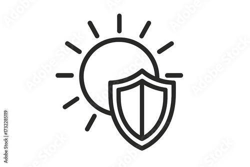 Sun Protection Shield Icon. Linear Style Sun and Shield Symbol. UV Protection, Sunblock, Sunscreen, Safety Concept. Solar Defense, Summer Health Care. Graphic Design Vector for Web, Cards, Articles