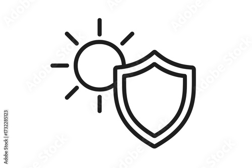 Sun Protection Shield Icon. Linear vector sign for UV protection, sunscreen, safety in sunlight, skin care, solar defense, healthcare, anti-UV, security. Outline style. Transparent background.