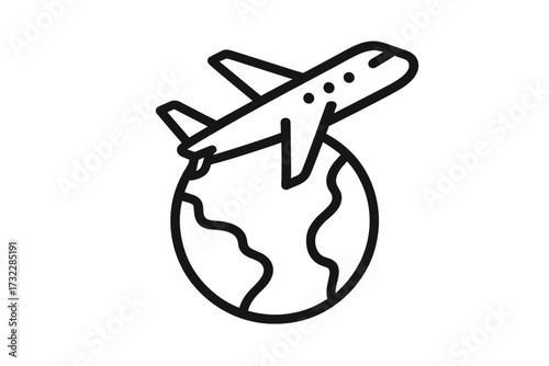 Airplane Flying Over Earth Minimalistic Outline Icon. Global Travel, International Flight, World Aviation Concept. Modern Vector Illustration for Web, Apps, Banner, Social Media, Card Design.