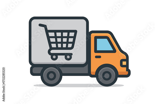 Delivery truck with shopping cart icon, online store shipping, e-commerce delivery service, vector cartoon illustration for apps, logistics concept, transparent background design, package transport