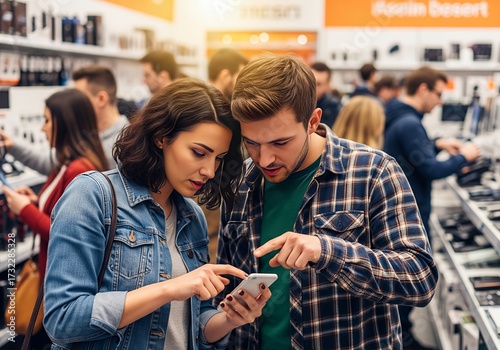 Young couple looking at smartphone in electronics store, comparing features and prices, feeling informed and engaged.