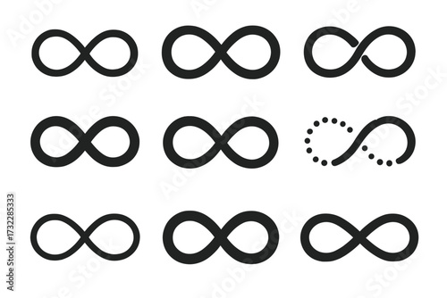 Infinity loop symbol set. Collection of black vector icons for unlimited, endless, eternal, forever concepts. Simple bold infinity shape variations. Abstract eternity sign design isolated