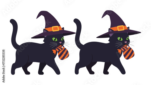 Two Black Cats with Witch Hat and Tie: Two cute black cats wearing witch hats and striped ties are walking together, ready for Halloween.