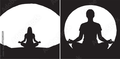 Silhouette of a Person Meditating in Lotus Position with a White Circle Background