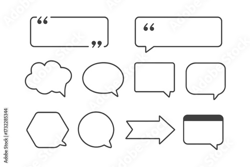 Speech bubble callout template collection. Quote box, blank chat, cloud, arrow, rectangle, hexagon shapes. Vector outline set for infographics, web design, brochure, text, communication concepts.