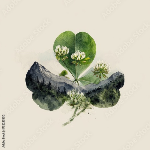 Artistic rendition of a four-leaf clover with mountainscape and flowers inside