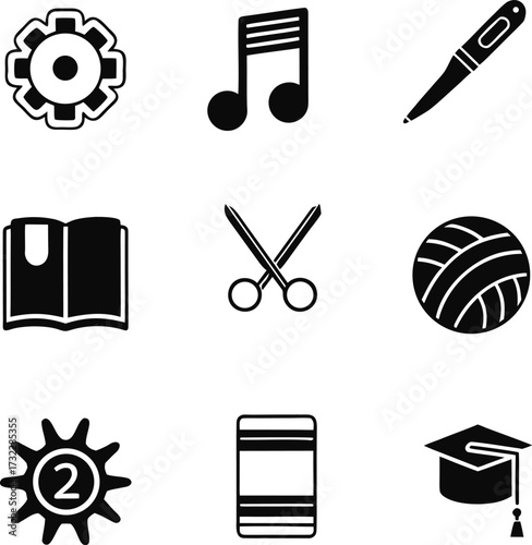 hobby, education, craft, school, icon, set, glyph, creative, activity, learning, study, art, music, writing, diy, handmade, award, graduation
