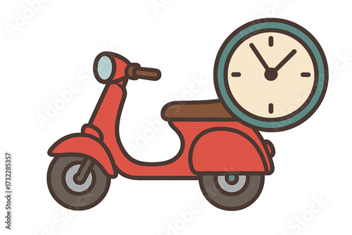 Fast delivery time. Cartoon red scooter with vintage clock. Express transportation service symbol. Vector illustration. Quick shipment concept. Logistic speed. Courier ride. Time management metaphor.