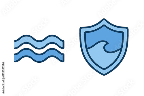 Abstract blue waves and water shield icon set for website security, connection, network protection, surf app, environmental safety, insurance, aquatic branding, cartoon vector graphic