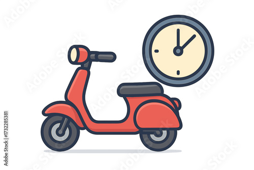 Retro red scooter delivery concept, time management service, express courier logistics, fast transportation schedule, urban mobility icon, modern city commute, cartoon vector illustration isolated