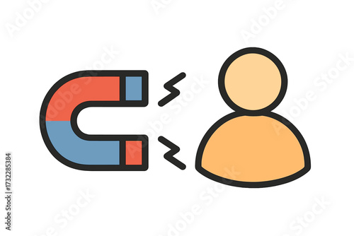 Customer attraction icon, magnet drawing person, lead generation concept, vector illustration, audience targeting, simple cartoon, digital marketing, user engagement, isolated transparent background