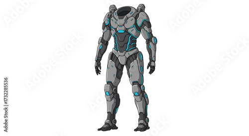 Futuristic Gray and Blue Robotic Armor Suit Illustration.