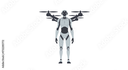 Humanoid Robot with Drone Wings Standing Upright.
