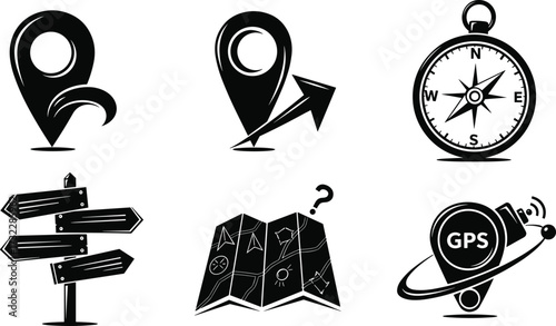 Navigation icons set with location pins, compass, signpost, map, and GPS symbolizing travel, direction, orientation, tracking, and exploration