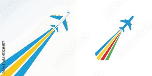 Airplane Taking Off with Colorful Trails in the Sky